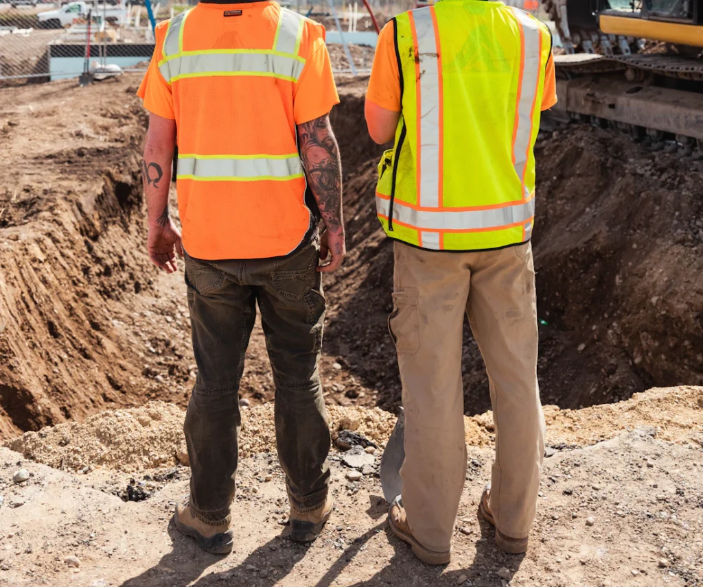 Engineer and crew lead in hard hats and safety vests reviewing a job site for a Westchester fire escape company